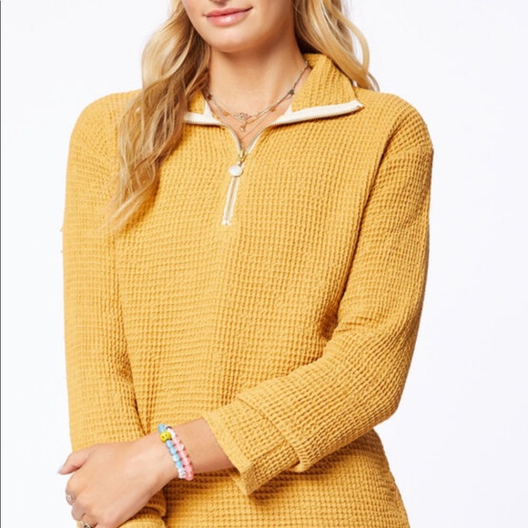 [donni.] yellow waffle print short and quarter zip set - Picture 3 of 5